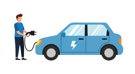 Electric vehicle charging station with man connecting cable to car.