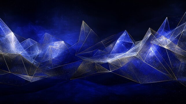 Blue mountain range with a starry sky in the background. The mountains are made of lines and dots, giving the impression of a computer-generated image. Scene is serene and peaceful, with the stars