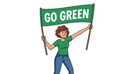 Woman holding a green banner that says Go Green.