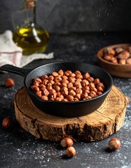 Roasted hazelnuts in a black skillet on a wooden stand