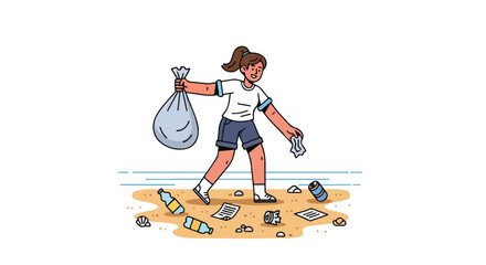 Girl cleaning beach pollution with bag.