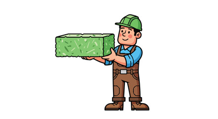 Construction worker holding a green brick, ready for building projects, focused on the task.