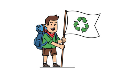 Happy hiker holding recycle flag.