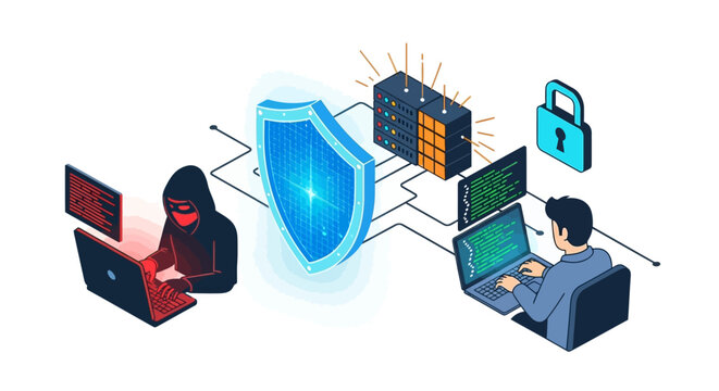 Protecting digital assets from cyber threats with advanced network security measures, a secure shield, and IT expertise against hacking attempts