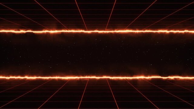 3D Synthwave terrain landscape, orange fiery flames glow cyberspace laser neon grid floor perspective, abstract futuristic retrowave poster design, 80s retro arcade game style motion background loop  - Powered by Adobe