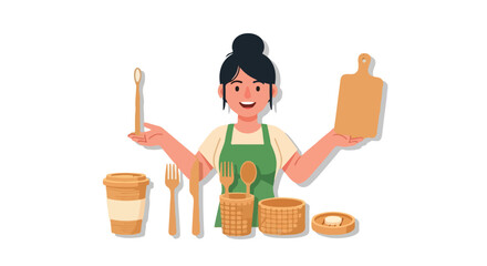 Smiling woman holding eco-friendly kitchenware and reusable products.