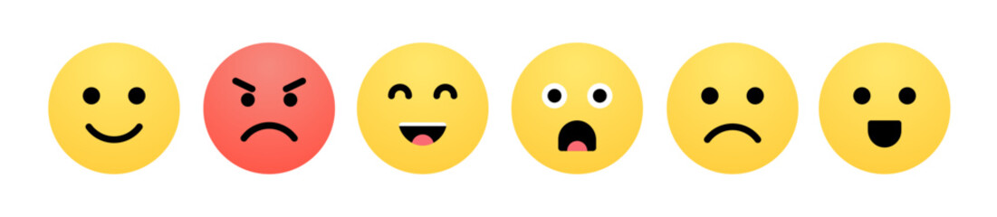 Set colorful emoji faces emotions happy, angry, laughing, surprised, sad, and cheerful expressions
