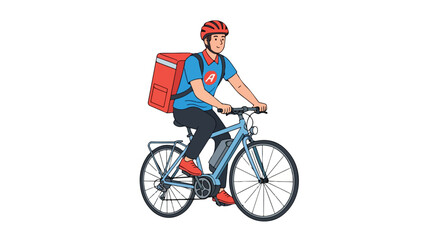 Delivery rider on electric bicycle with red thermal backpack.