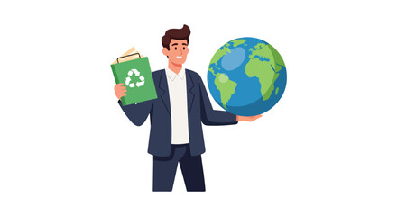 Man holding a globe and a recycling symbol book promoting environmental protection.