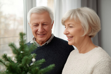 Seniors decorating a Christmas tree together at home