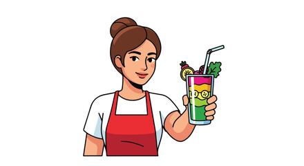 Woman Holding a Colorful Smoothie with Straw and Fruit Garnish.