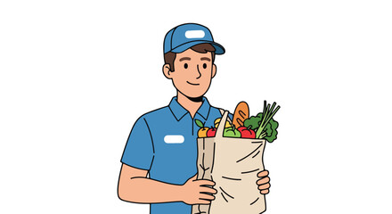 Friendly delivery man in a blue uniform holding a bag of fresh groceries.