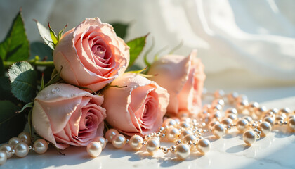 Pink roses with pearls arranged elegantly on white fabric  