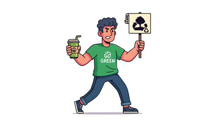Man advocating for environmental protection holding a sign and drink.