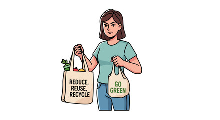 Woman holding reusable shopping bags, promoting environmental awareness.