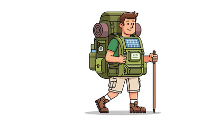 Cartoon male hiker with a large green backpack and walking stick.