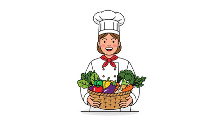 Happy Chef Holding Basket Full of Fresh Vegetables.