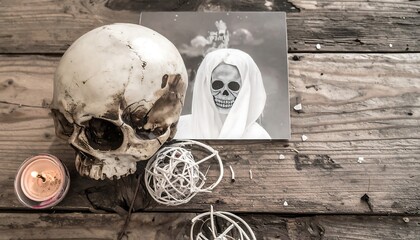 Visual poster in a photo style for a Celebration of Life and Memories featuring a skull design