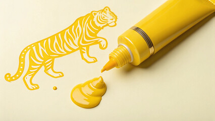 Fototapeta premium Yellow acrylic paint squeezed out of the tube forms a yellow tiger shape. On a light yellow background,