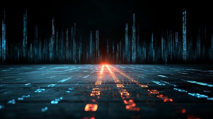 Cityscape with a bright orange line in the middle. The city is lit up with blue and orange lights