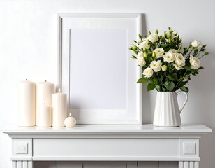 White mantelpiece with frame, flowers, and candles