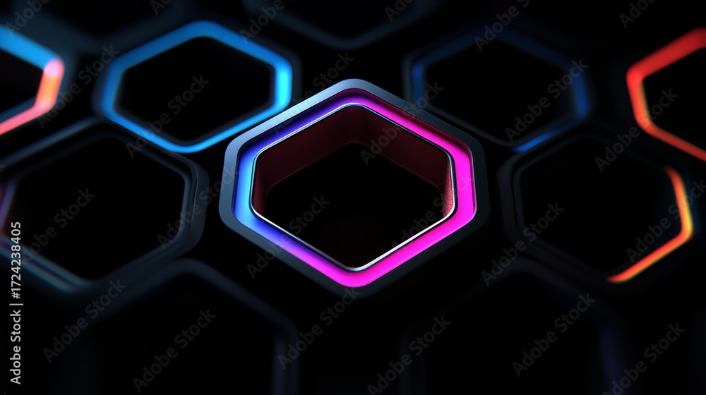 Canvas Prints close up of a black and neon colored hexagon. the hexagon is surrounded by other hexagons in various