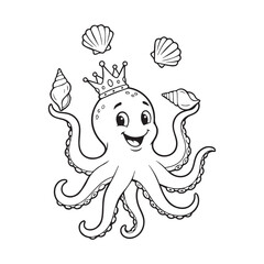 Cute Octopus with a Crown and Sea Shells