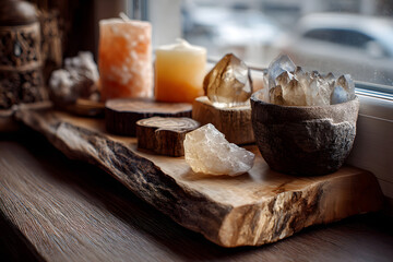 Feng Shui nature theme altar at home table and on window sill. Earth element( rock crystal clusters), wood element( wood discs), fire element( candles), rock salt candle holder. Positive home energy.