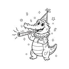 Cute Alligator with Party Hat Blowing a Noisemaker
