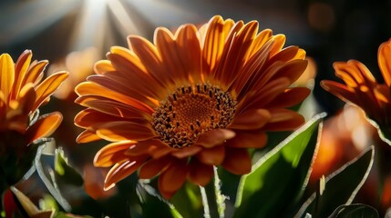 Close up of a single orange flower with a green stem. The flower is surrounded by other flowers, but the focus is on the single orange flower. Concept of beauty and simplicity