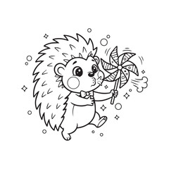 Cute Hedgehog Blowing a Pinwheel with a Bowtie