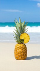 Pineapple on beach, slice atop