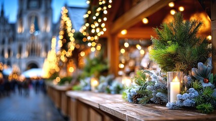 Christmas market stall with festive decorations and glowing candle on a wooden counter, bokeh city lights illuminating the evening winter holiday scene