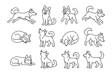 Fototapeta premium Cute dog outlines in various poses: playful and relaxed canine sketches