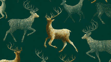 The image depicts a pattern of deer rendered with small dots. The creatures are portrayed in running positions, each adorned with large antlers