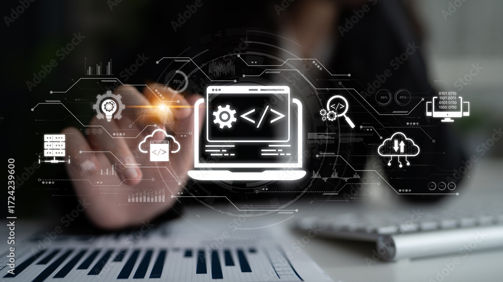 Poster modern web development concept featuring coding symbols, web development process, web development in