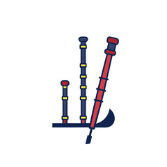 Stylized illustration of bagpipes with red and blue pipes
