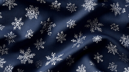 The image shows a piece of material in a dark color, possibly navy blue, adorned with a pattern of sparkling snowflakes