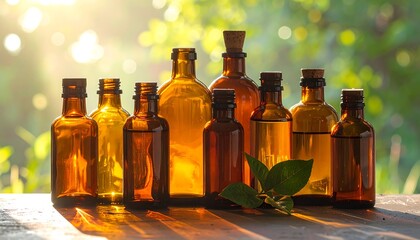 Amber glass bottles, various sizes, filled with liquids,  rest on a wooden surface, bathed in sunlight, and surrounded by out-of-focus greenery