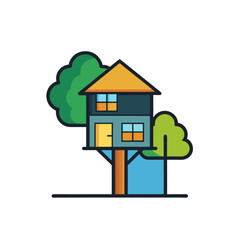 Fototapeta premium Charming cartoon treehouse with vibrant trees and blue sky backdrop