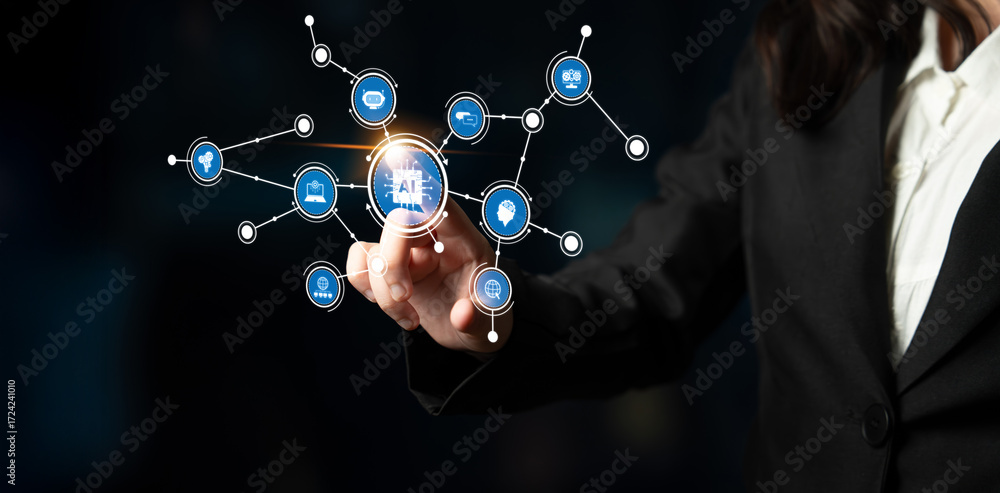 Poster a business professional interacts with virtual icons representing artificial intelligence technology