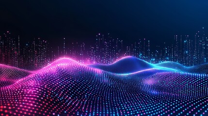 Colorful, abstract image of a purple and blue wave with many dots. The image has a futuristic and dreamy vibe