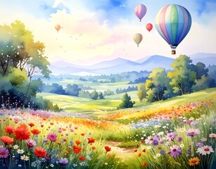 Colorful landscape with hot air balloons