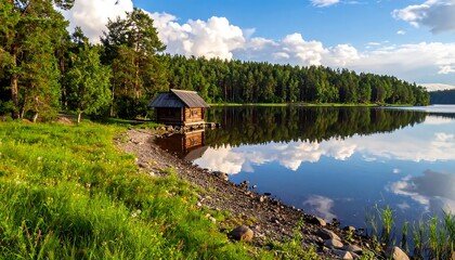 Fototapeta premium Lakeside cabin in a serene forest