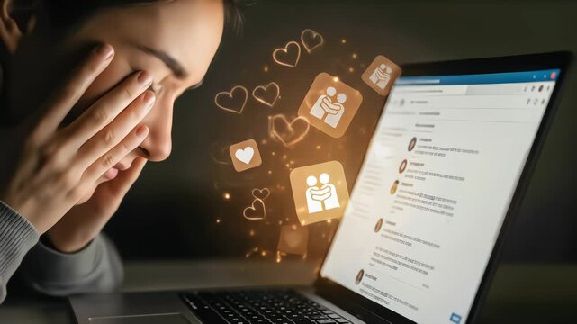 An emotional woman sheds a tear while looking at relationship posts on her laptop