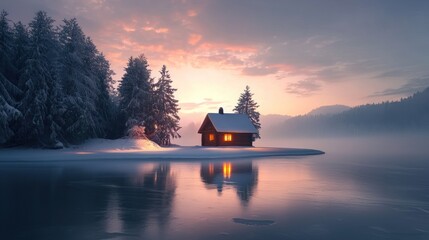 Fototapeta premium A cozy cabin nestled on a snowy island, bathed in the warm glow of a winter sunset. Tranquil lake reflects the peaceful scene
