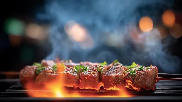 Sizzling Grilled Meat Skewers Emanate an Inviting Aroma