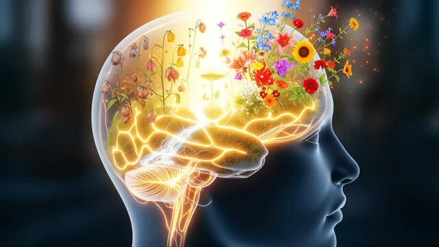 A brain with wilting and blooming flowers, a powerful metaphor for mental health, creativity, and renewal