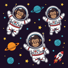 Smiling cartoon monkeys as astronauts float in starry outer space with planets and a rocket