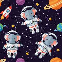 Cute elephant astronauts explore the colorful universe with planets and stars Perfect for kids designs